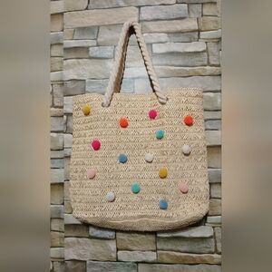Cat &‎ Jack Straw Tote Bag Colorful Pom Poms